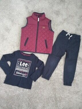 Toddler Boys Lee Quilted Burgundy Vest with Navy Jogger Pants and Shirt-Size 4T.